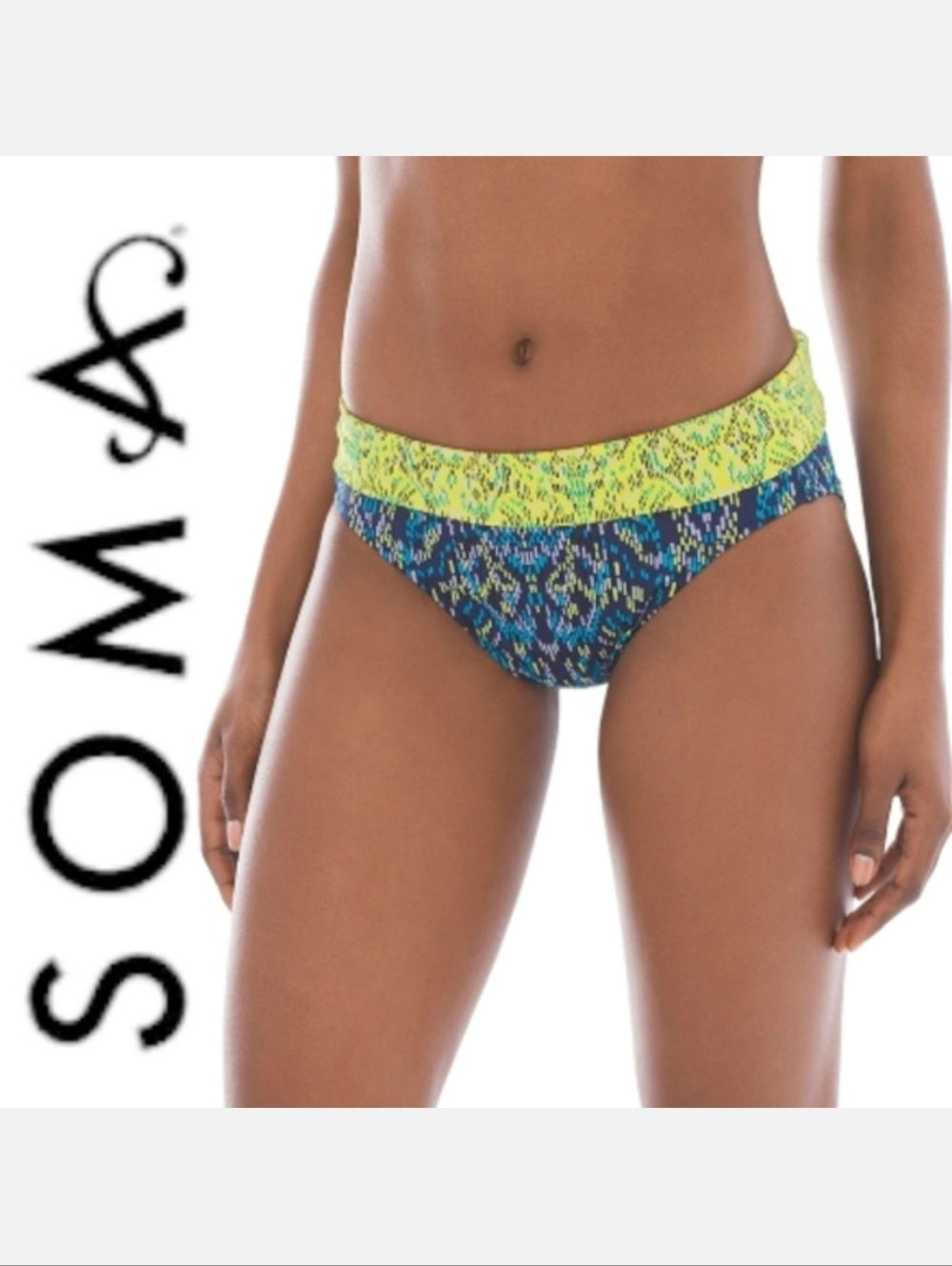 SOMA SWIM Slimming Foldover Hipster Bottom Blue/yellow Porto Tile Sz L NWT